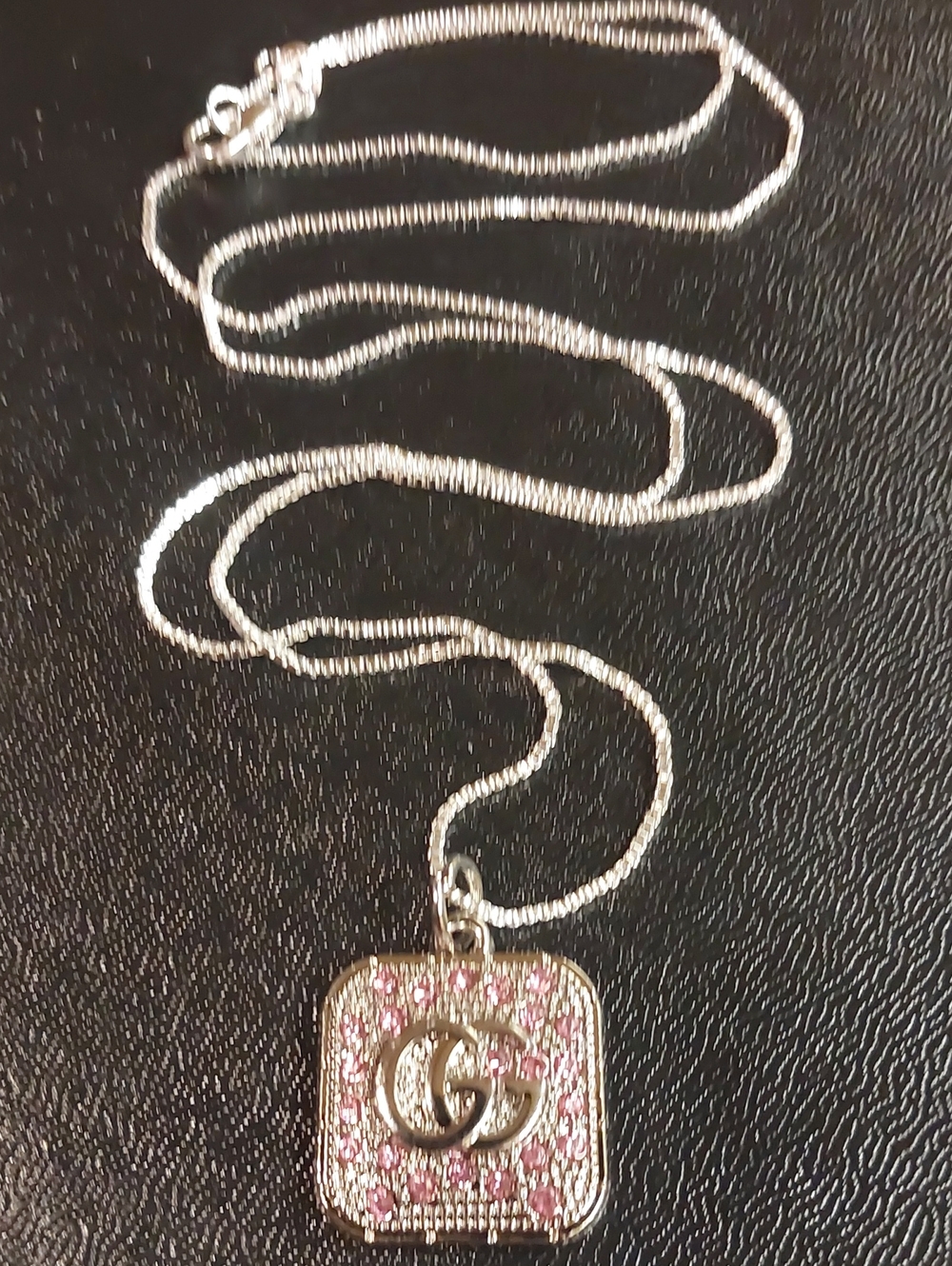 GG Silver Square Charm Pendant Necklace with Pink Crystal Accents 925 SS